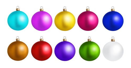 Image of Set of bright Christmas balls on white background. Banner design 