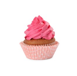 Photo of Delicious cupcake with pink cream isolated on white