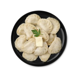 Photo of Delicious dumplings (varenyky) with tasty filling, butter and parsley isolated on white, top view