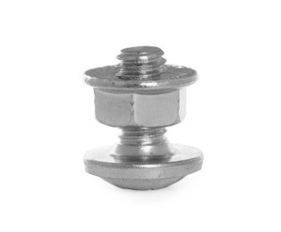 Metal carriage bolt with flange nut isolated on white