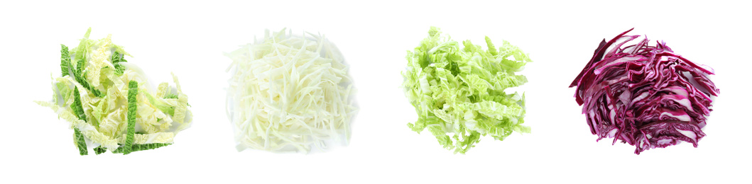 Image of Set of different chopped cabbages on white background