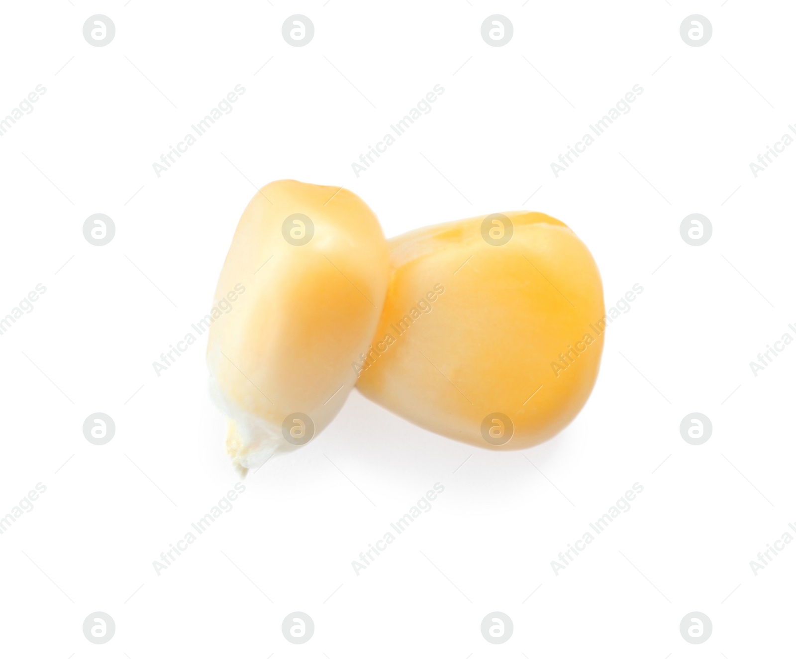 Photo of Tasty fresh corn kernels on white background, top view