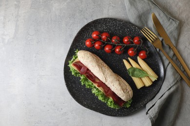 Photo of Delicious sandwich with bresaola served on light table, top view. Space for text
