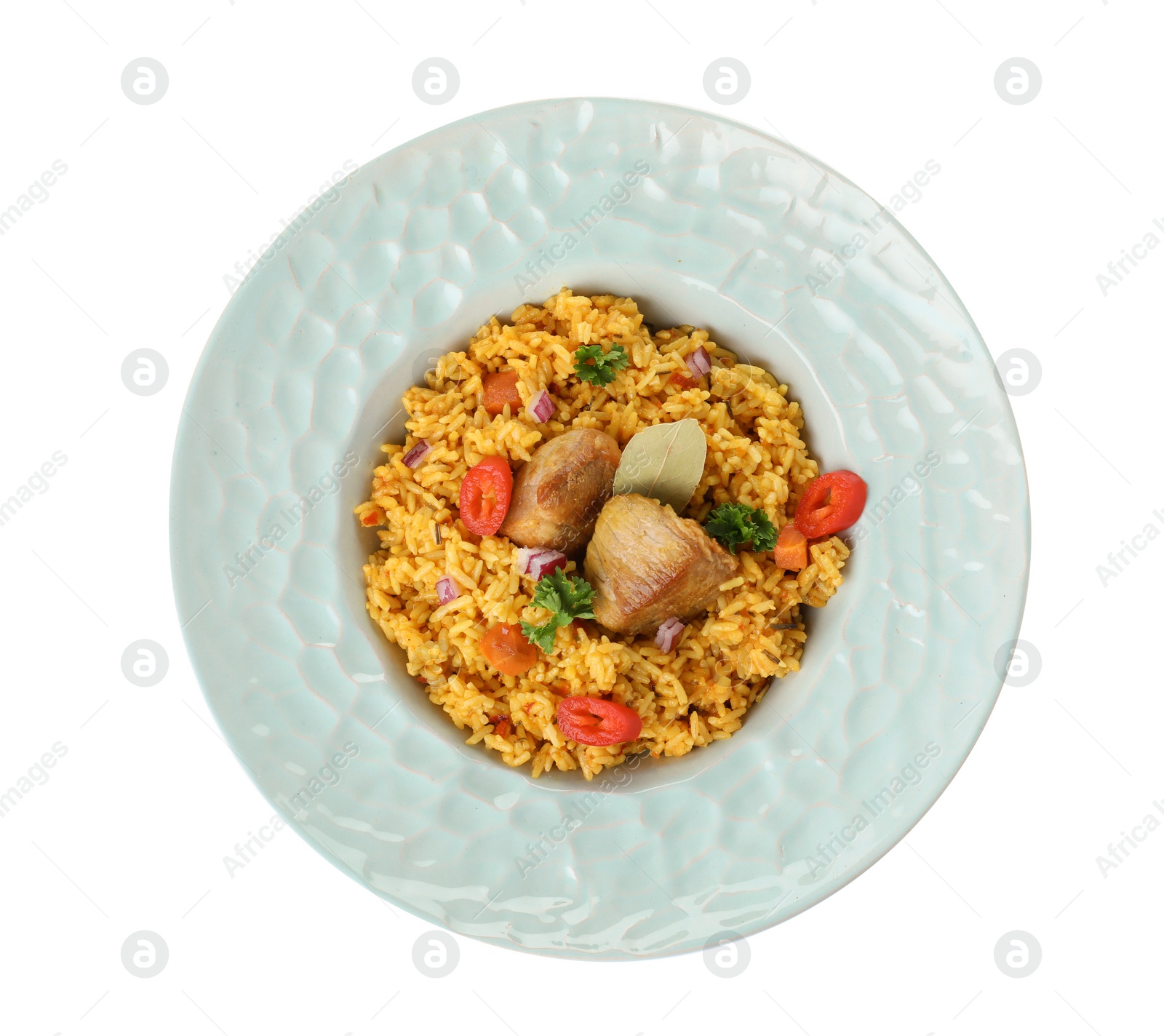 Photo of Plate with rice pilaf and meat on white background, top view