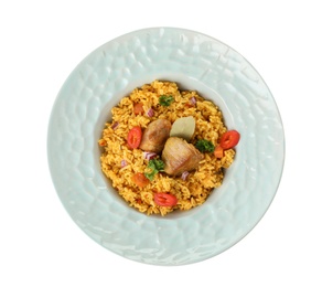 Photo of Plate with rice pilaf and meat on white background, top view