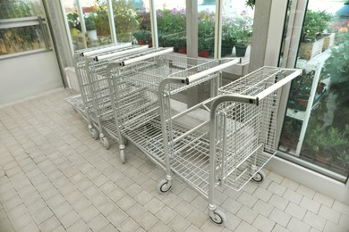Photo of Many empty metal shopping carts in garden center