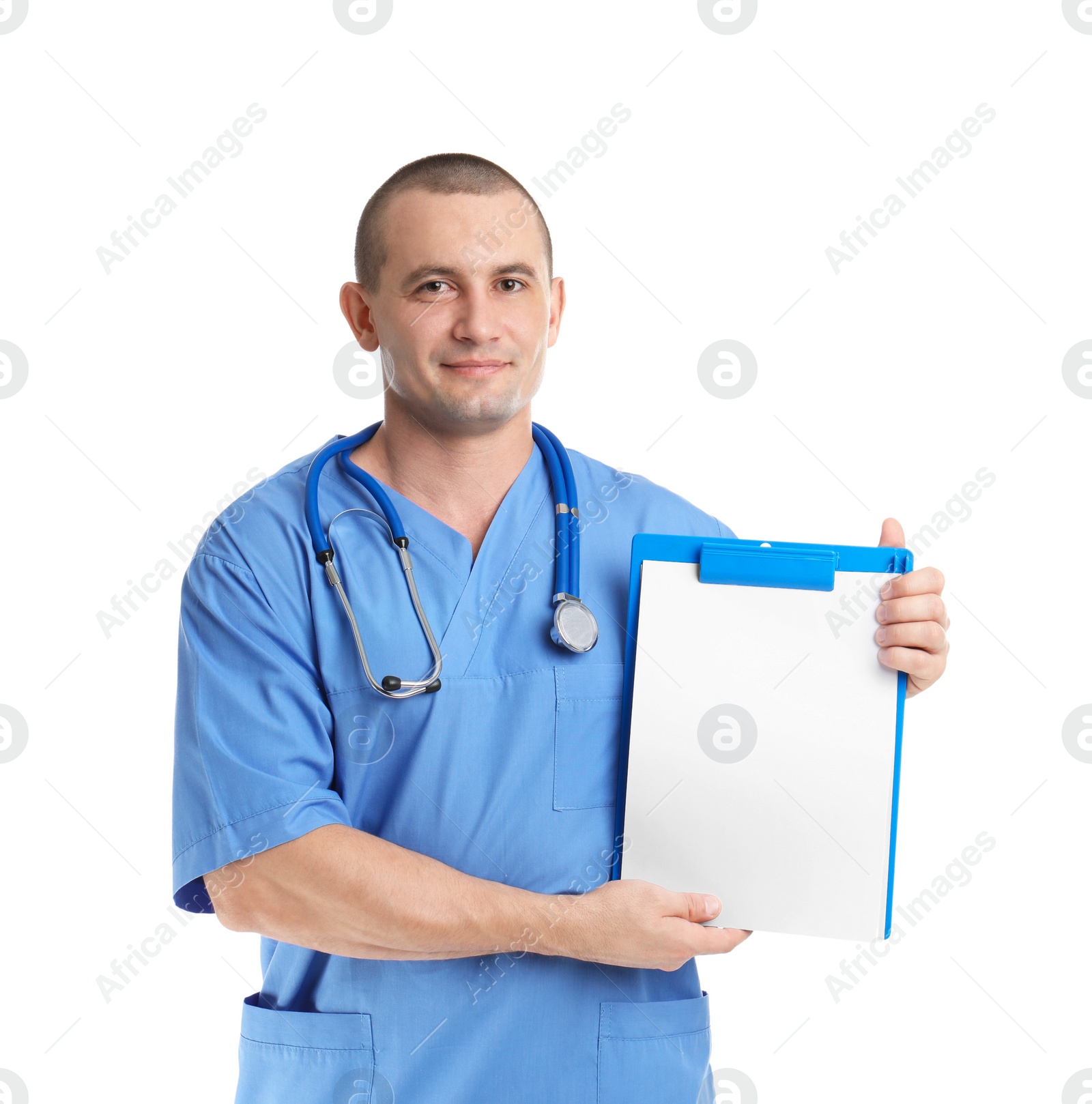 Photo of Portrait of medical assistant with stethoscope and clipboard on white background. Space for text