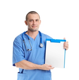 Portrait of medical assistant with stethoscope and clipboard on white background. Space for text