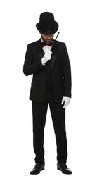 Photo of Magician in top hat holding wand on white background