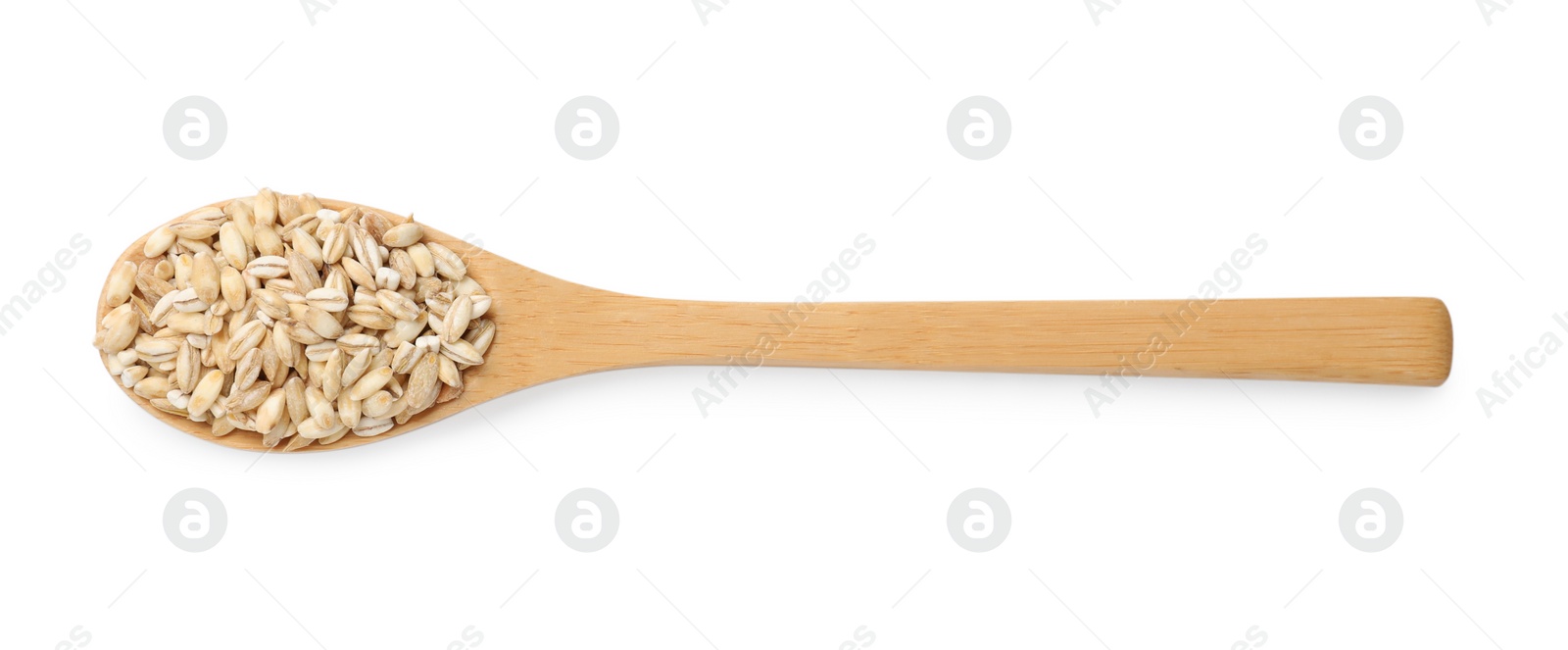 Photo of Wooden spoon with raw pearl barley isolated on white, top view