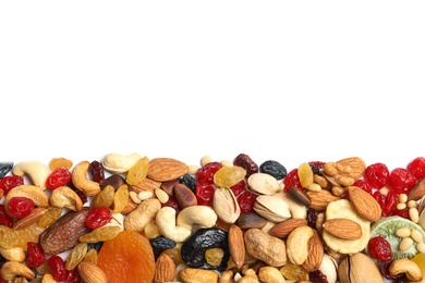 Photo of Different dried fruits and nuts on white background, top view. Space for text