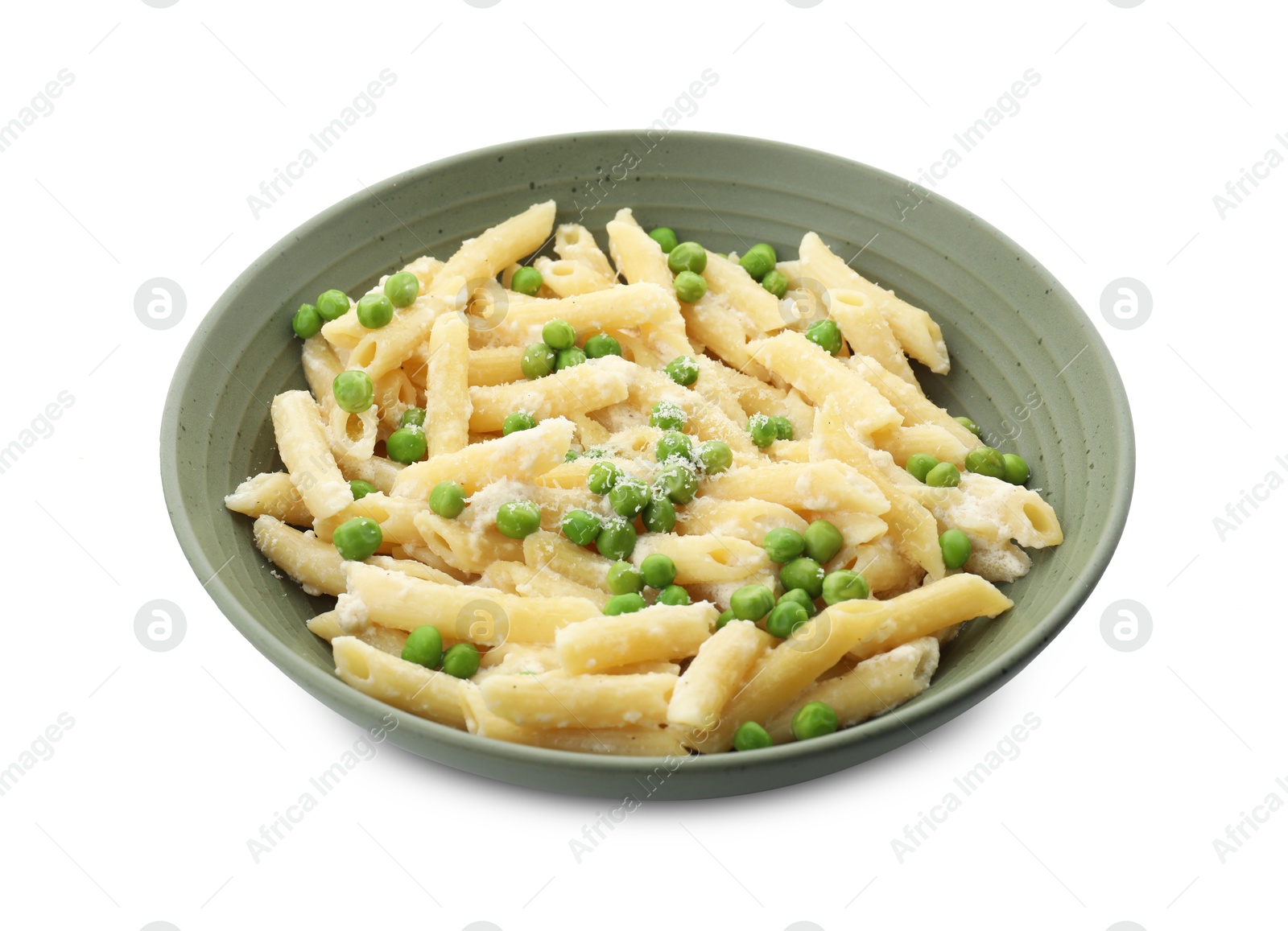 Photo of Delicious pasta with green peas and cheese in bowl isolated on white