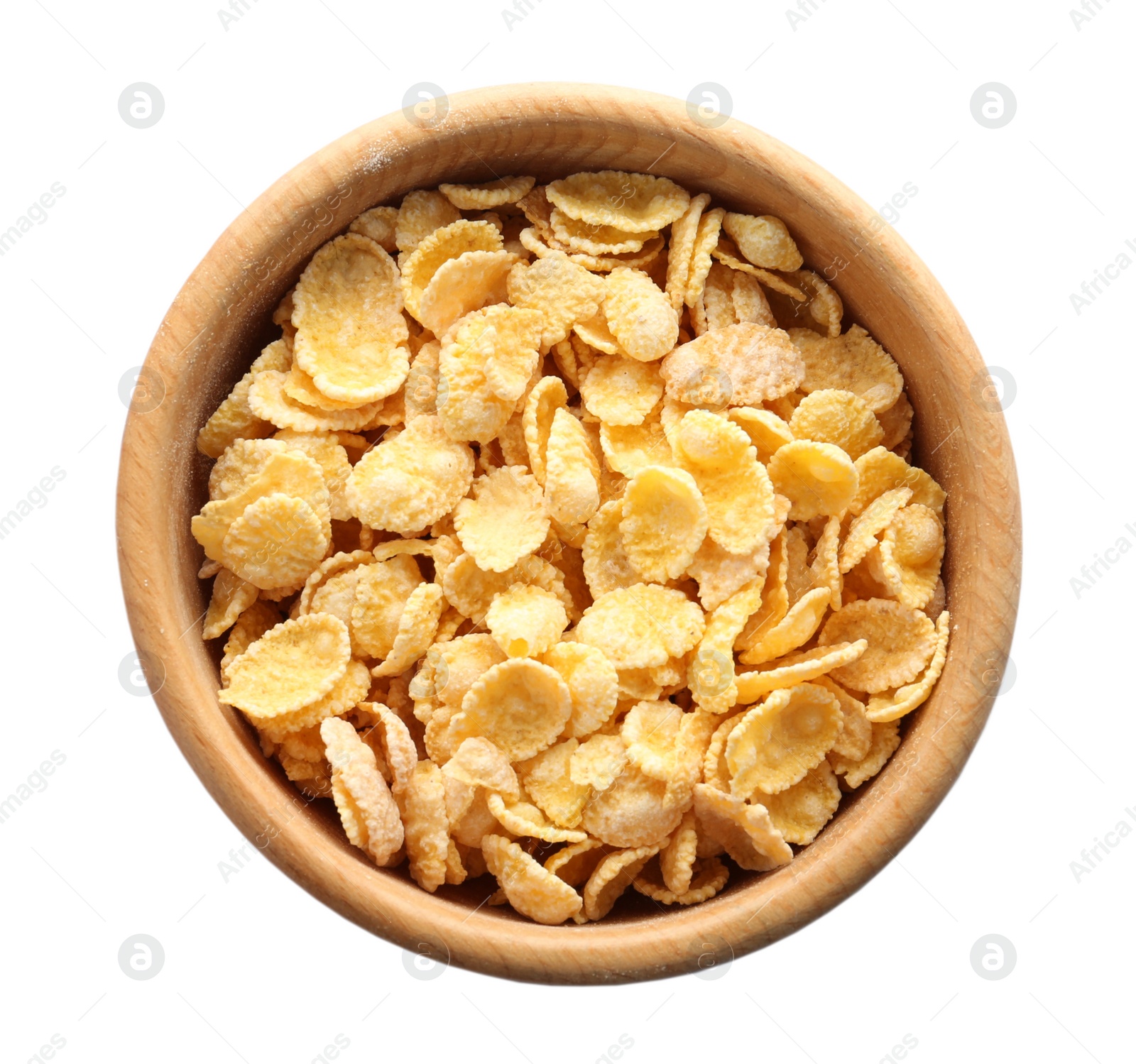 Photo of Bowl with corn flakes on white background. Healthy grains and cereals