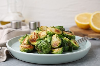 Photo of Delicious roasted Brussels sprouts on grey table, closeup