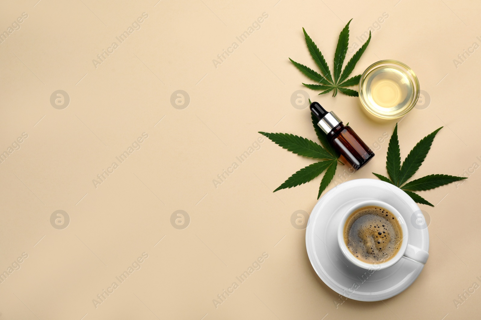 Photo of CBD oil, THC tincture, cup of coffee and hemp leaves on beige background, flat lay. Space for text