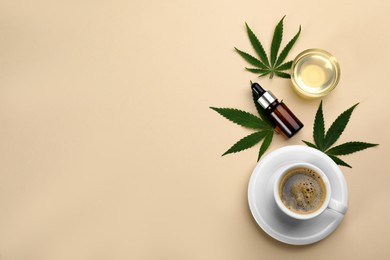 Photo of CBD oil, THC tincture, cup of coffee and hemp leaves on beige background, flat lay. Space for text