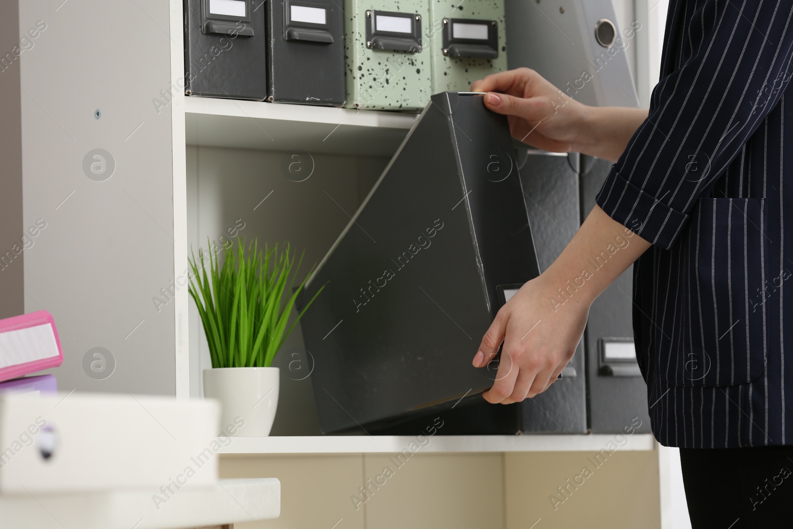 Photo of Woman taking folder from shelf in office, closeup