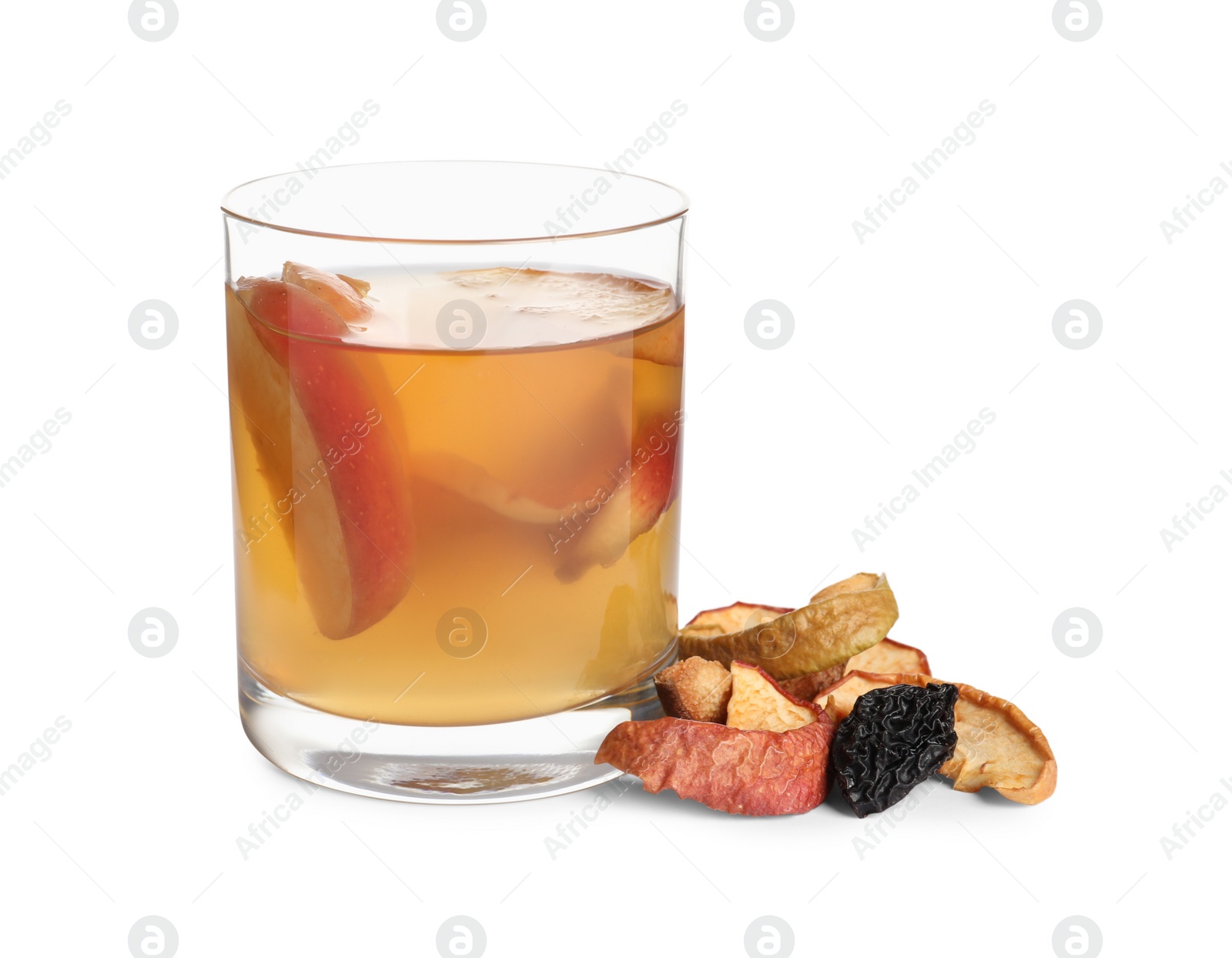 Photo of Delicious compot with dried fruits in glass on white background