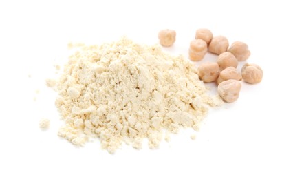 Photo of Pile of chickpea flour and seeds isolated on white