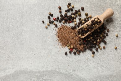 Aromatic spice. Ground and whole peppers in scoop on light grey table, top view. Space for text