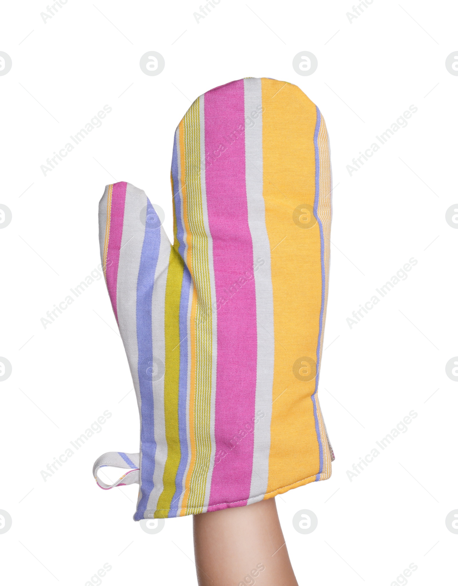 Photo of Chef in oven glove on white background, closeup