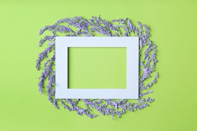 Photo of Empty frame with painted twigs of plant on color background, top view. Space for text