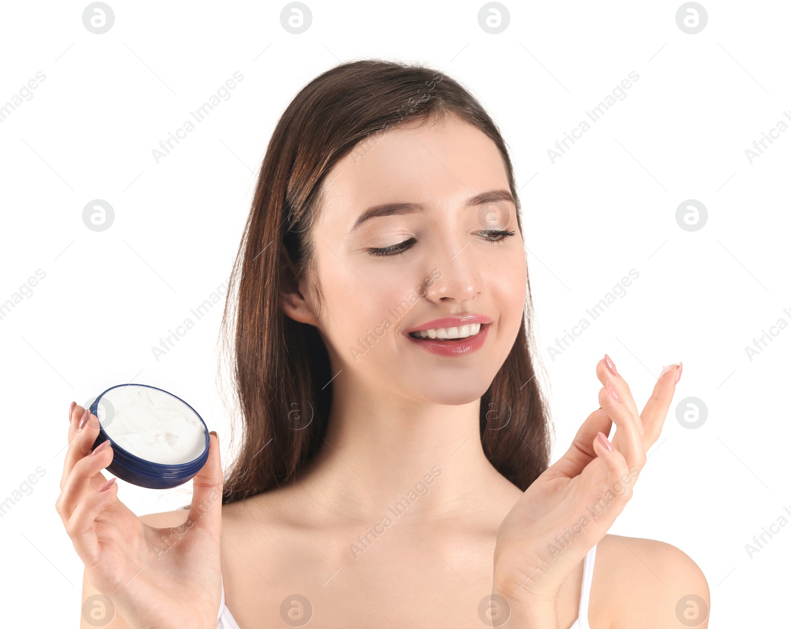 Photo of Teenage girl with acne problem using cream against white background