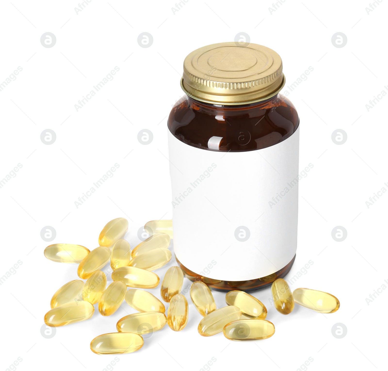 Photo of Bottle and pile of softgel capsules isolated on white