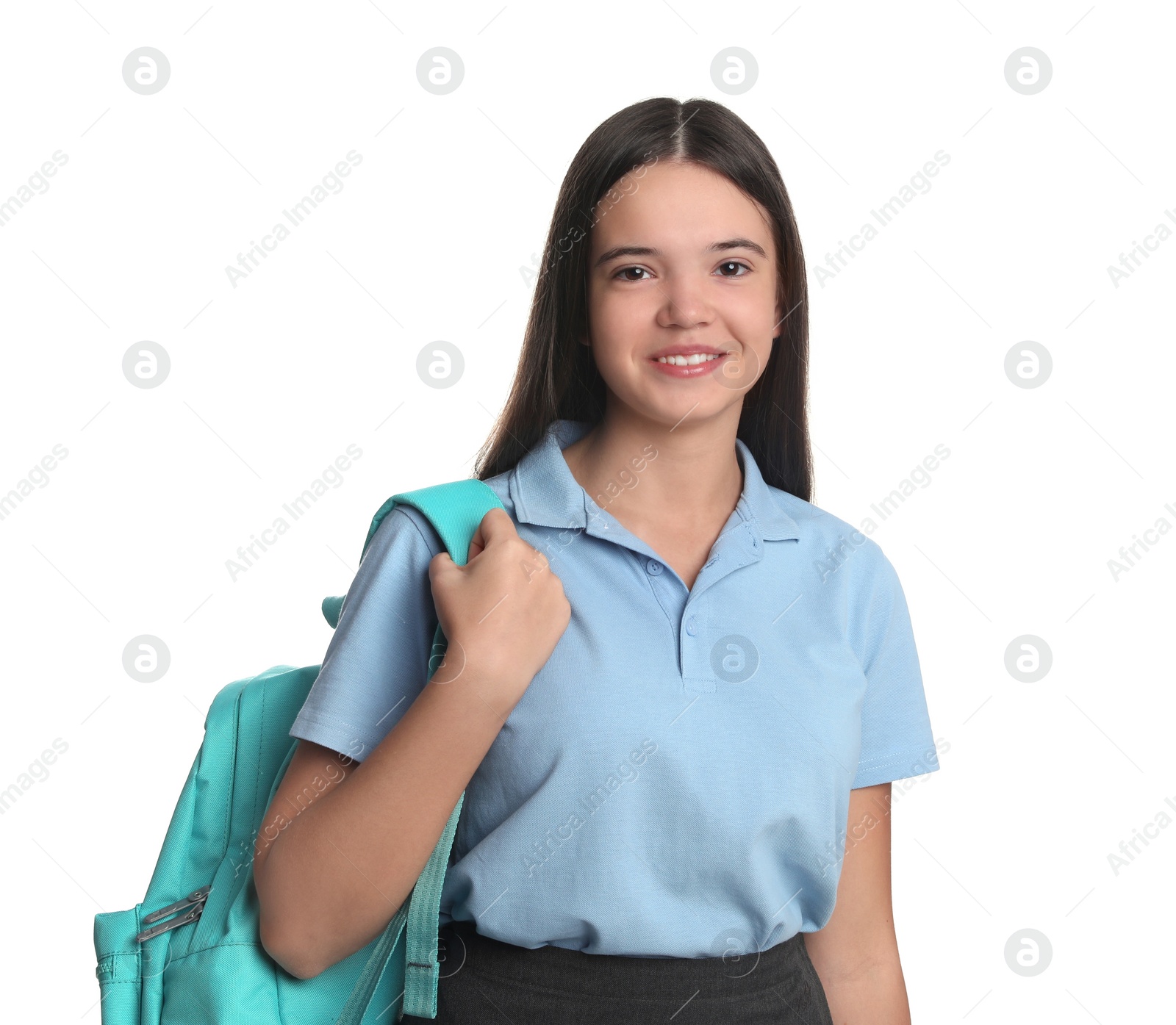 Photo of Teenage girl in school uniform with backpack on white background