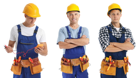 Image of Collage with photos of electricians on white background