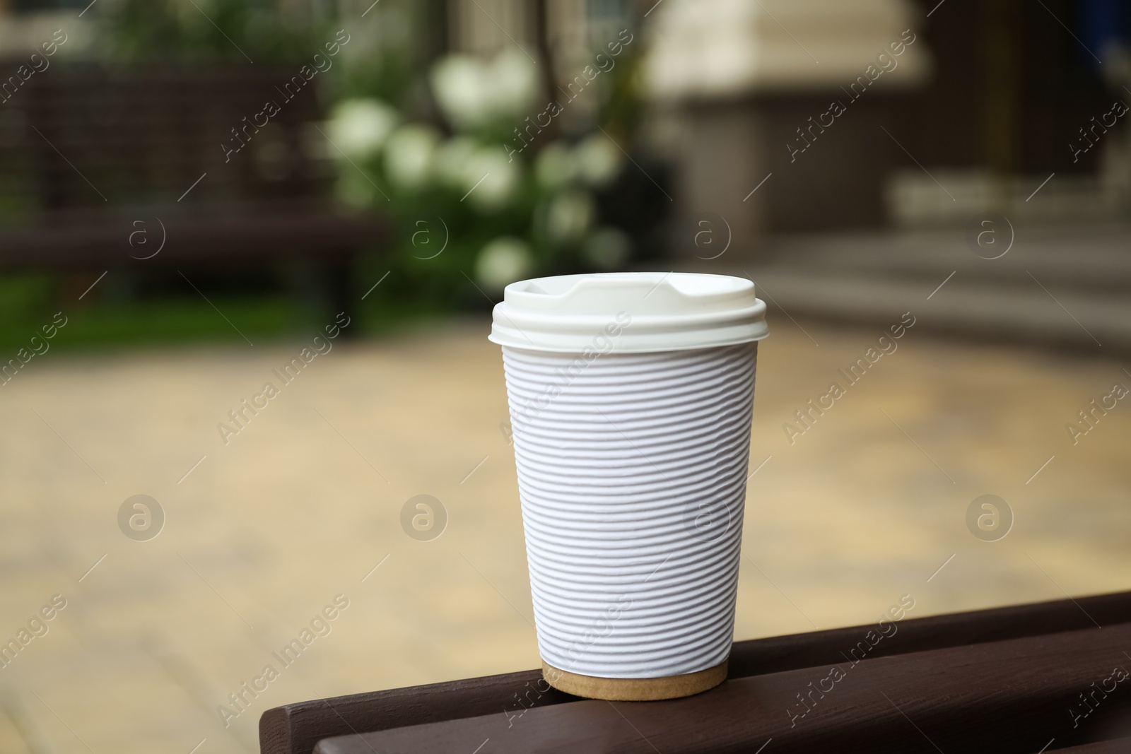 Photo of Paper cup of coffee on wooden bench outdoors. Takeaway drink