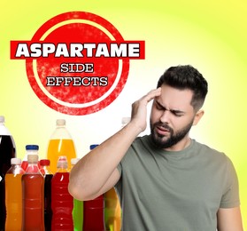 Aspartame hazard. Man suffering from side effects of this artificial sweetener. Warning sign over different drinks containing sugar substitute on yellow background