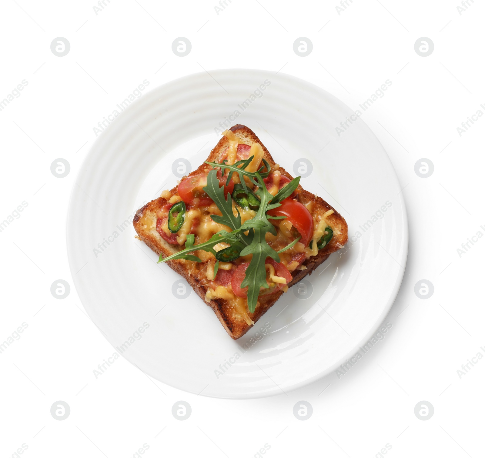 Photo of Plate with tasty pizza toast isolated on white, top view