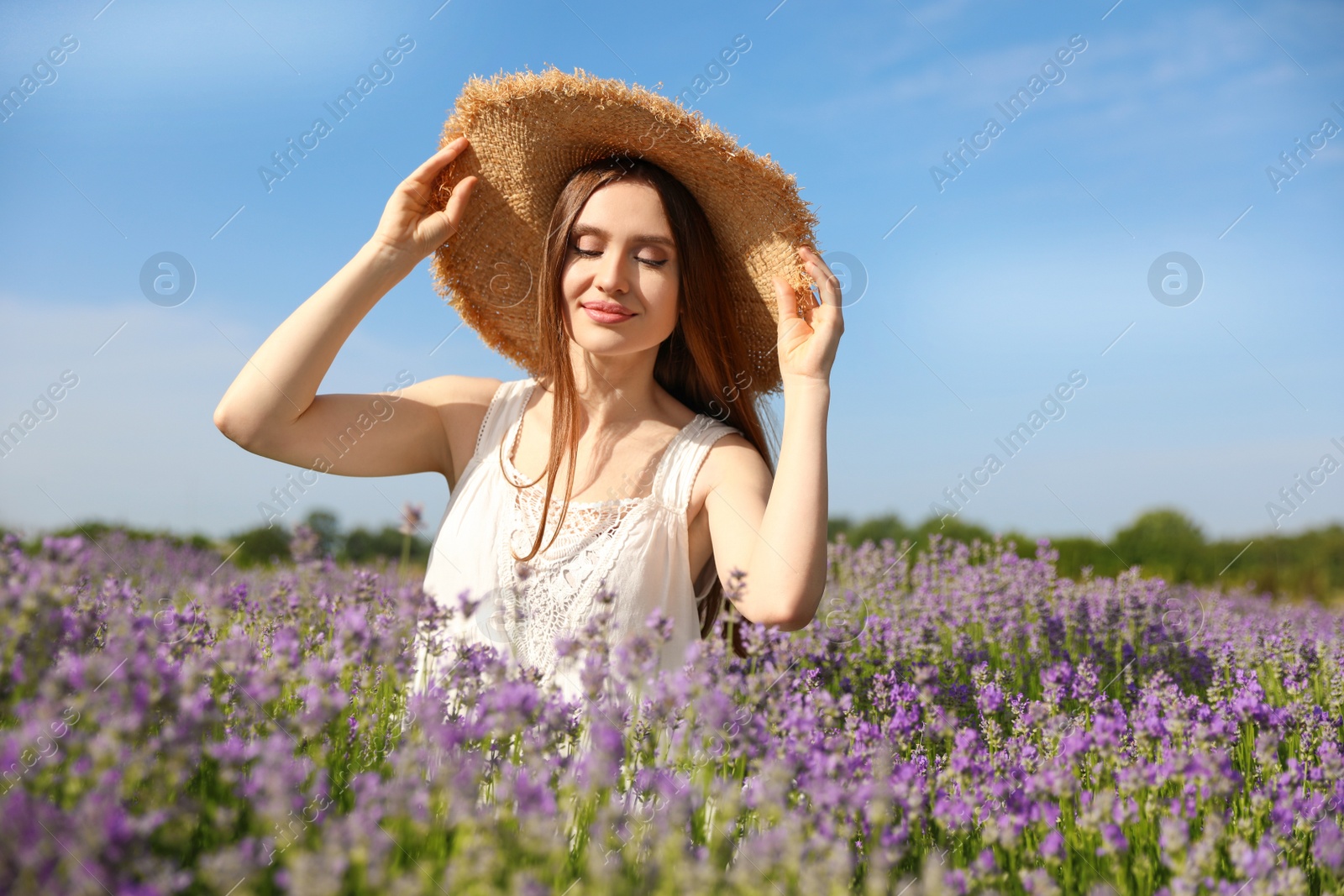 Photo of Young woman in lavender field on summer day