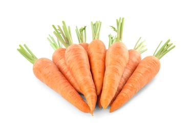 Photo of Pile of fresh ripe carrots isolated on white