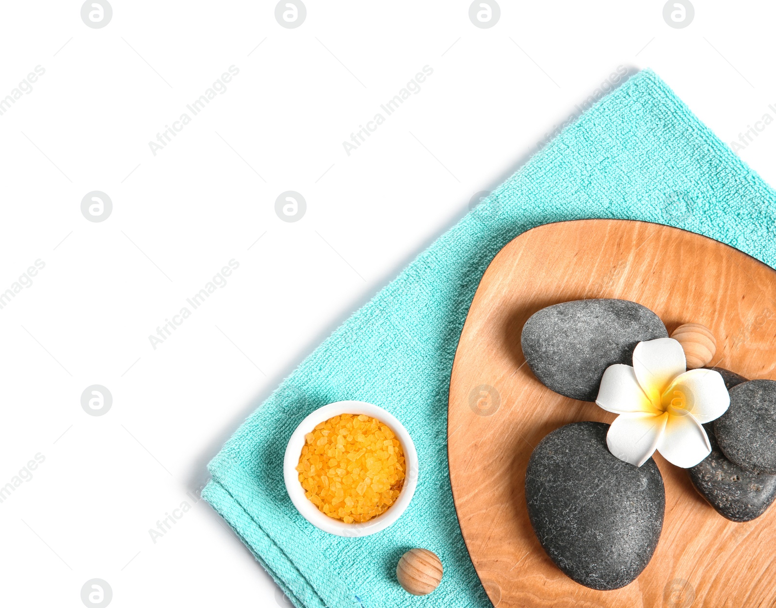 Photo of Composition with spa stones on white background, top view. Space for text