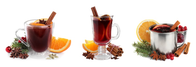Image of Set of aromatic mulled wine on white background. Banner design