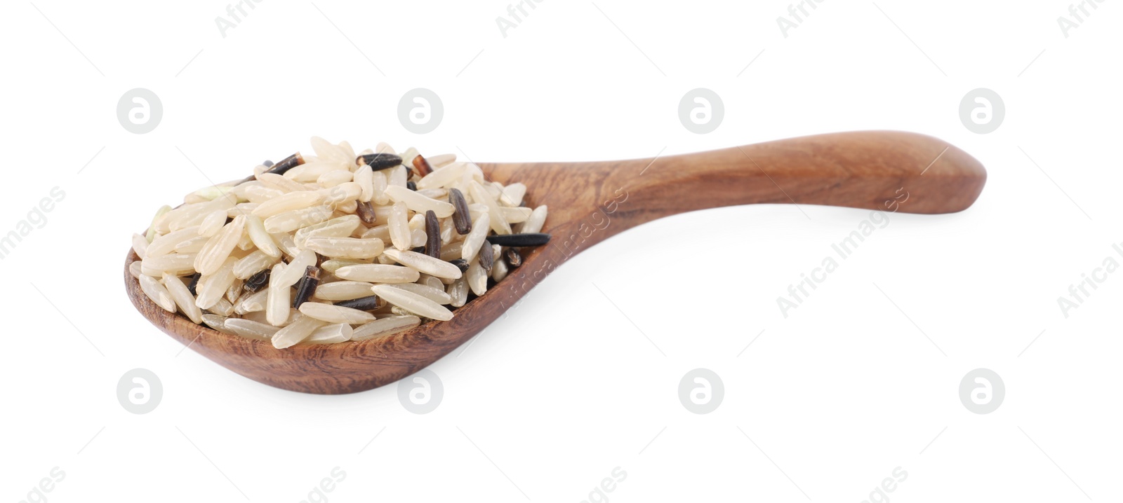 Photo of Spoon with raw unpolished rice isolated on white