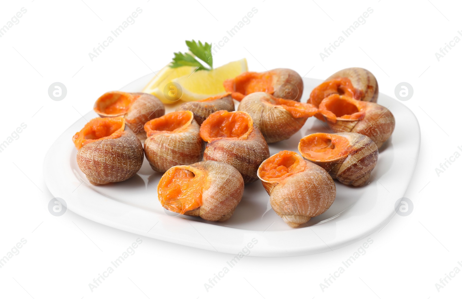 Photo of Delicious cooked snails with lemon and parsley isolated on white