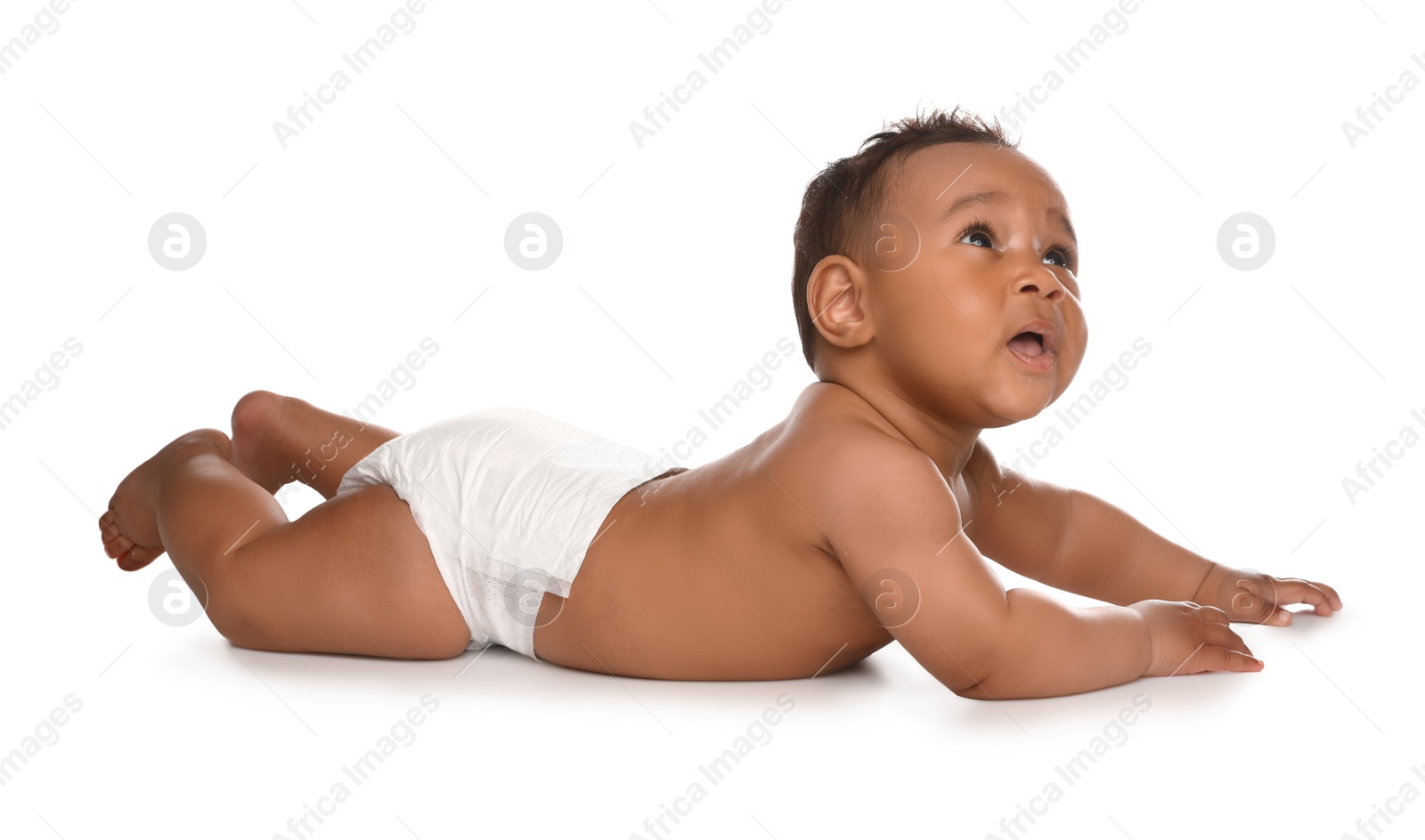 Photo of Adorable African-American baby in diaper on white background