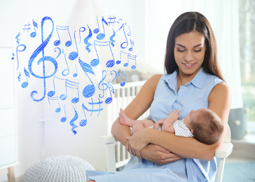 Flying music notes and young woman with her newborn baby at home. Lullaby songs 
