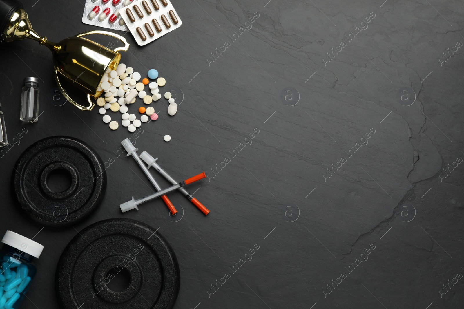 Photo of Flat lay composition with drugs on black background, space for text. Doping control