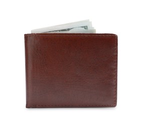 Stylish brown leather wallet with dollar banknotes on white background
