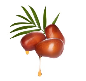 Image of Oil dripping from palm fruits on white background