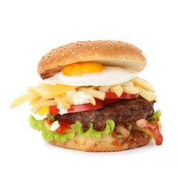 Photo of Tasty burger with fried egg on white background