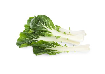 Fresh leaves of green pak choy cabbage on white background, top view