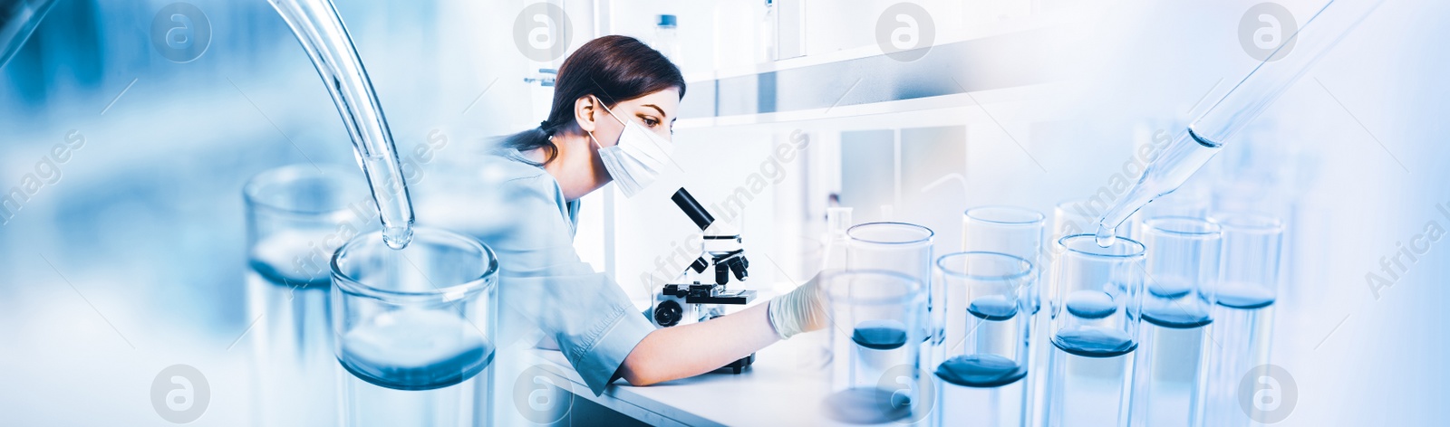 Image of Multiple exposure of dropping samples into test tubes and scientist working with microscope, banner design. Laboratory analysis