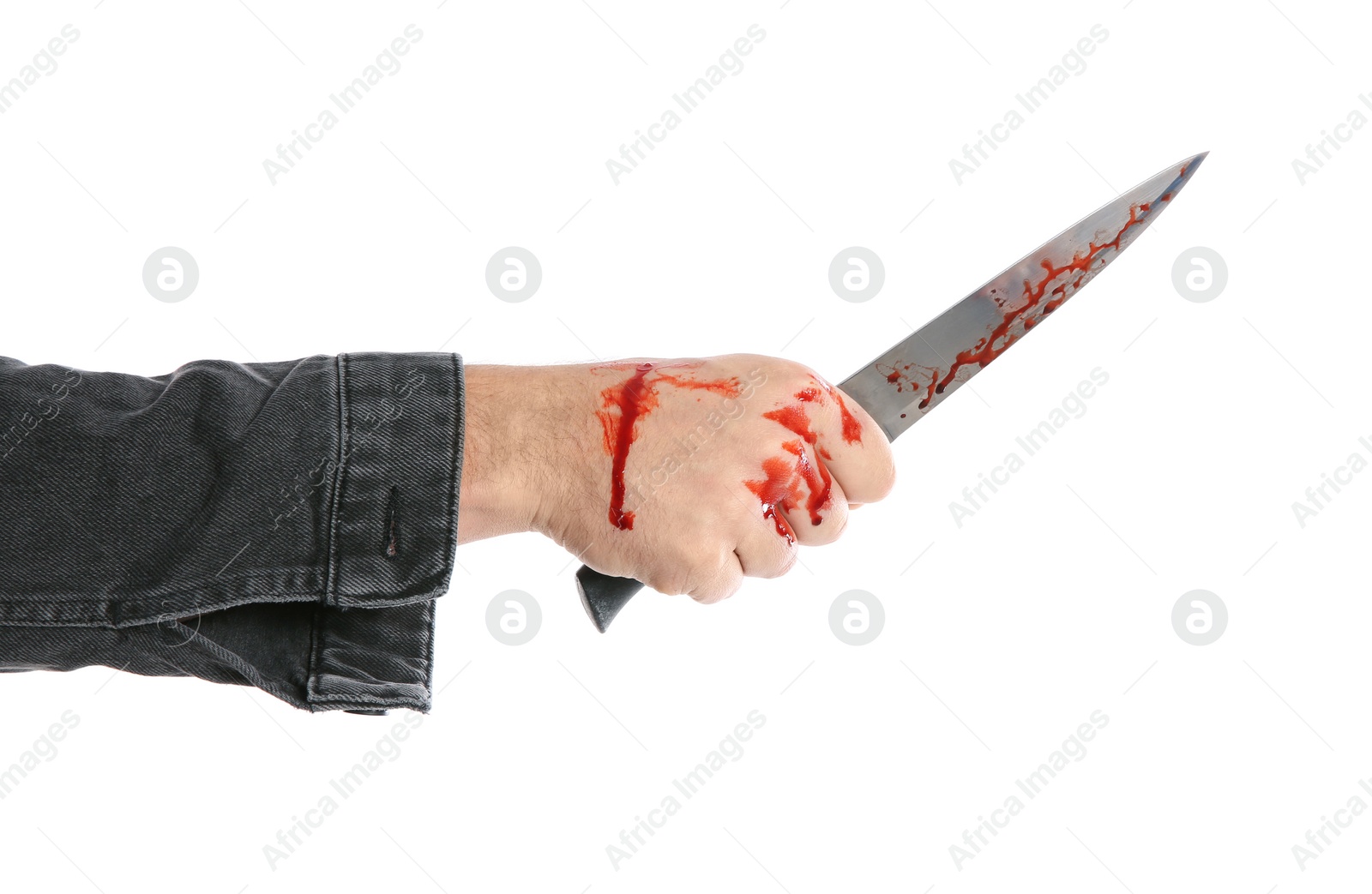Photo of Man with bloody knife on white background, closeup. Dangerous criminal