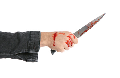 Man with bloody knife on white background, closeup. Dangerous criminal