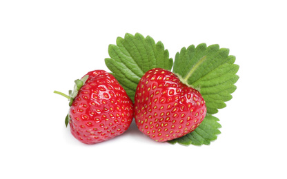 Photo of Sweet fresh ripe strawberries with green leaves on white background